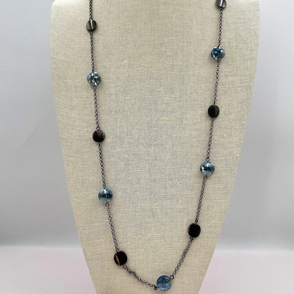 Vintage 90s Blue Glass & Gunmetal Stations Necklace Classic Fashion Jewelry